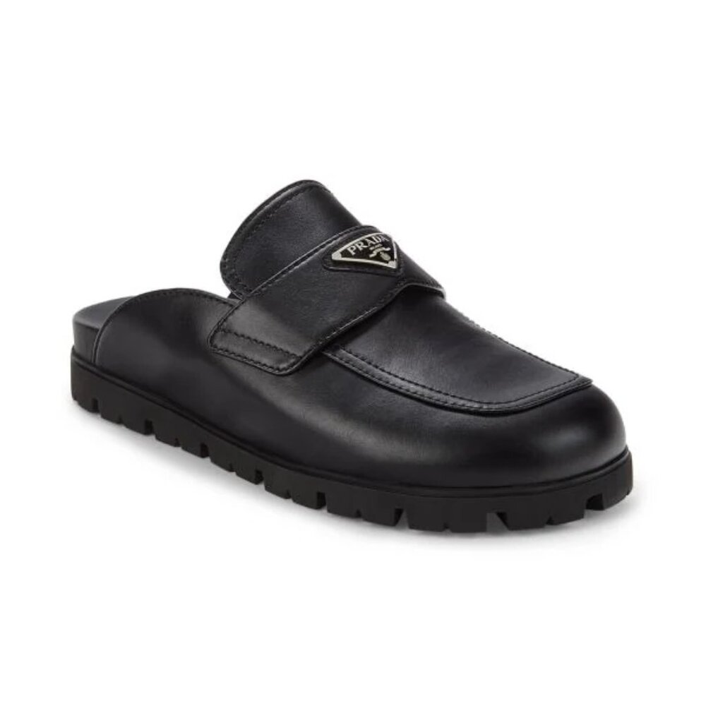 PRADA Women's Sabot Leather Mules Metal Triangle Logo Size 39 - US New w/ Flaws